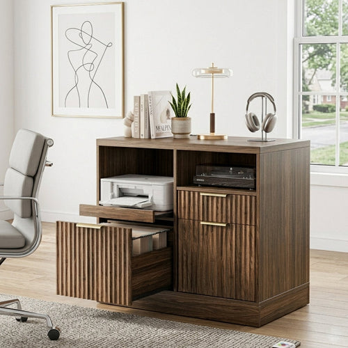 Apex 3-Drawer Lateral Filing Cabinet with Charging Station - Walnut