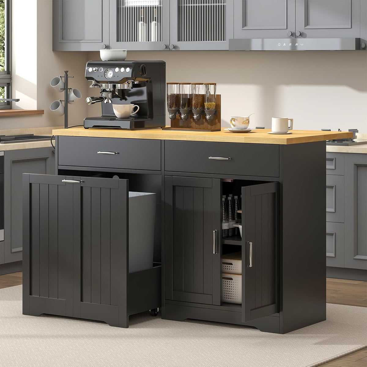 Chef's Haven - 55" Rolling Kitchen Island with Trash Cabinet & Power