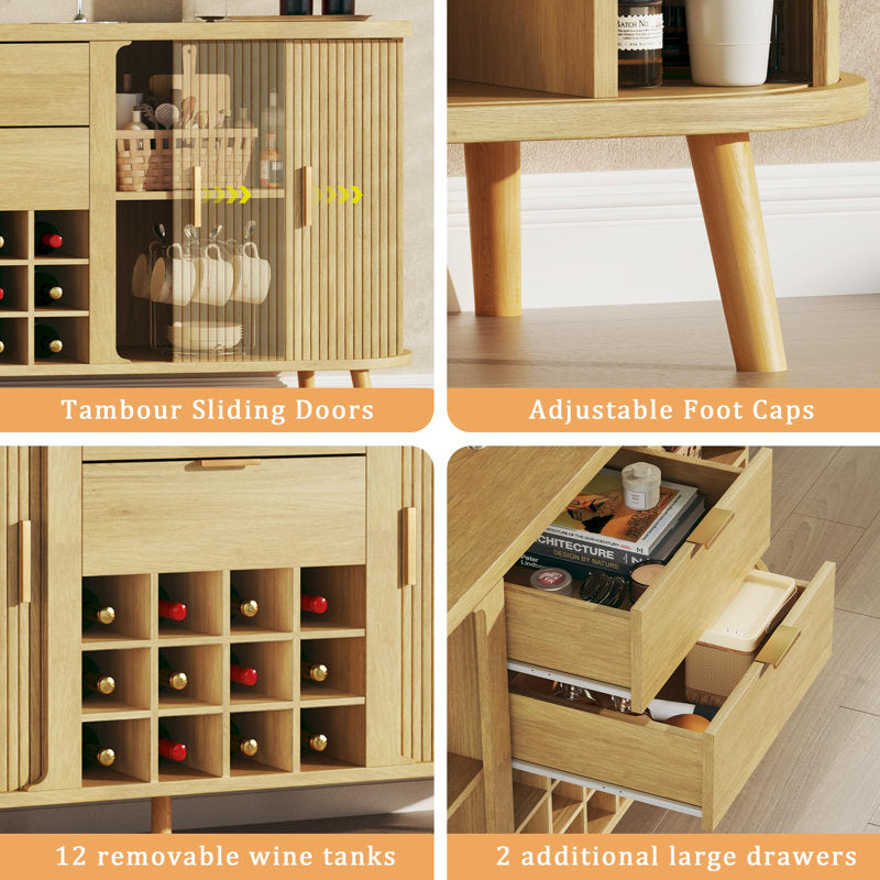 Jasper - 58" Sideboard Mid-Century Oak Buffet with Wine Rack