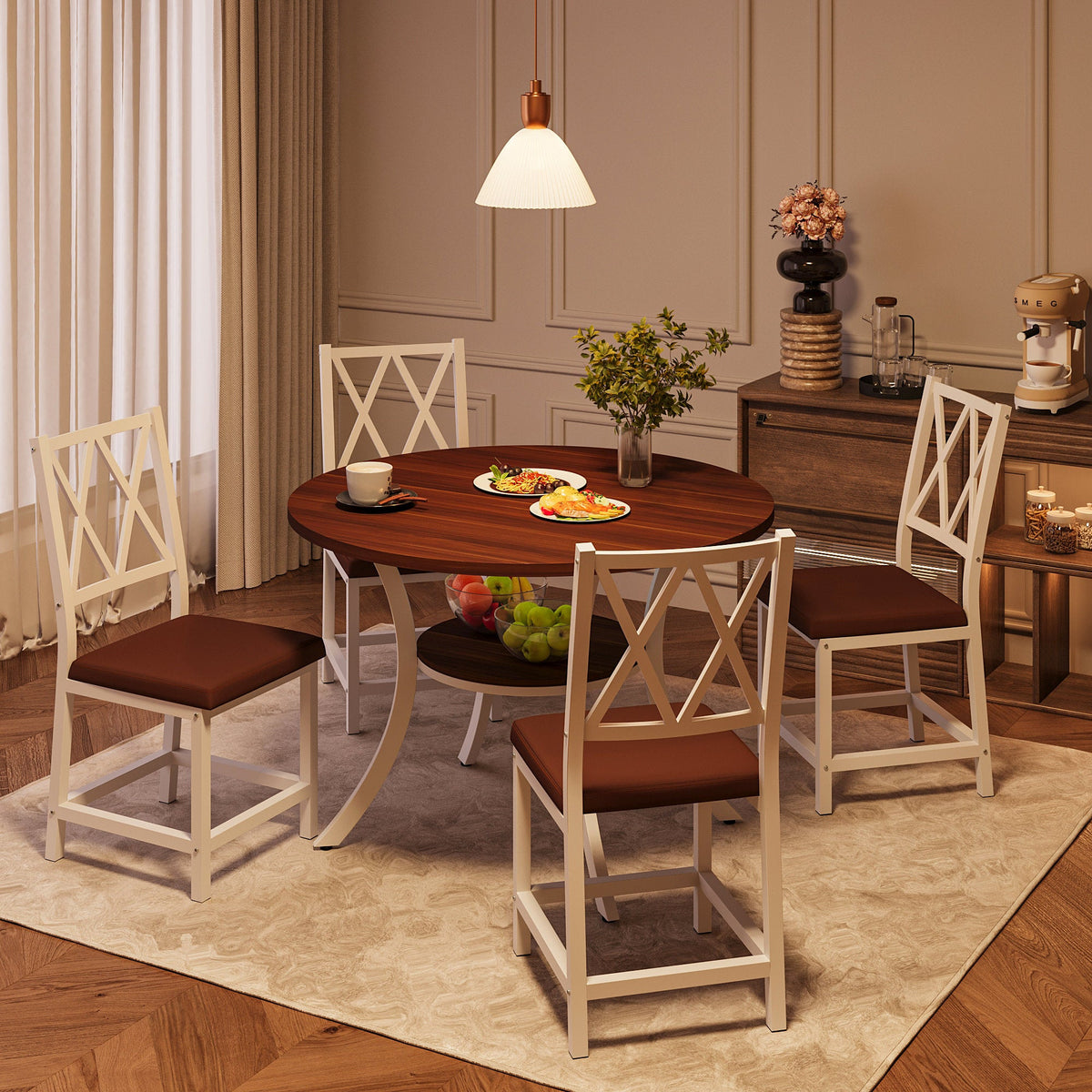 Aura 5-Piece Extendable Round Dining Set - Transitional Faux Leather