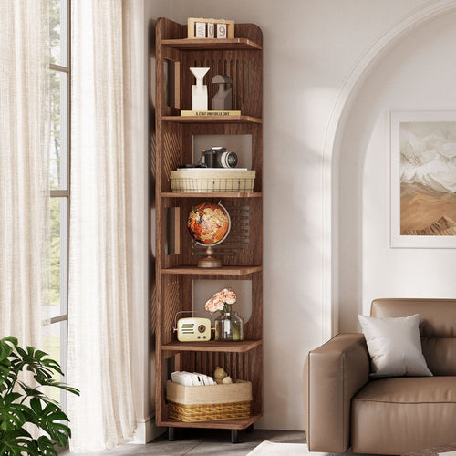 Apex 72" Tall Corner Bookshelf - Industrial 6-Tier Wood Bookcase