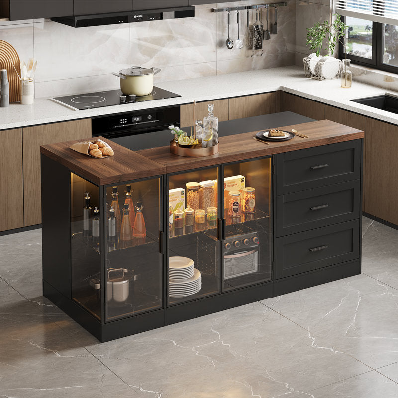 Artisan Loft - 71" Kitchen Island Wood & Glass with Power Outlet