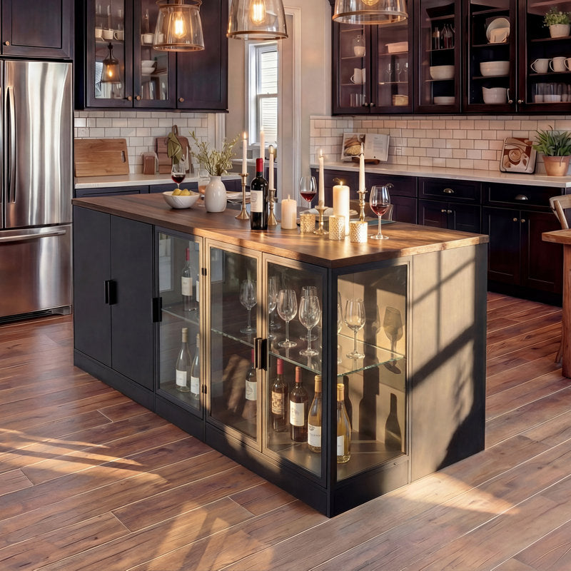 Lumina Grand - 77" Kitchen Island with LED Glass Cabinets & Seating