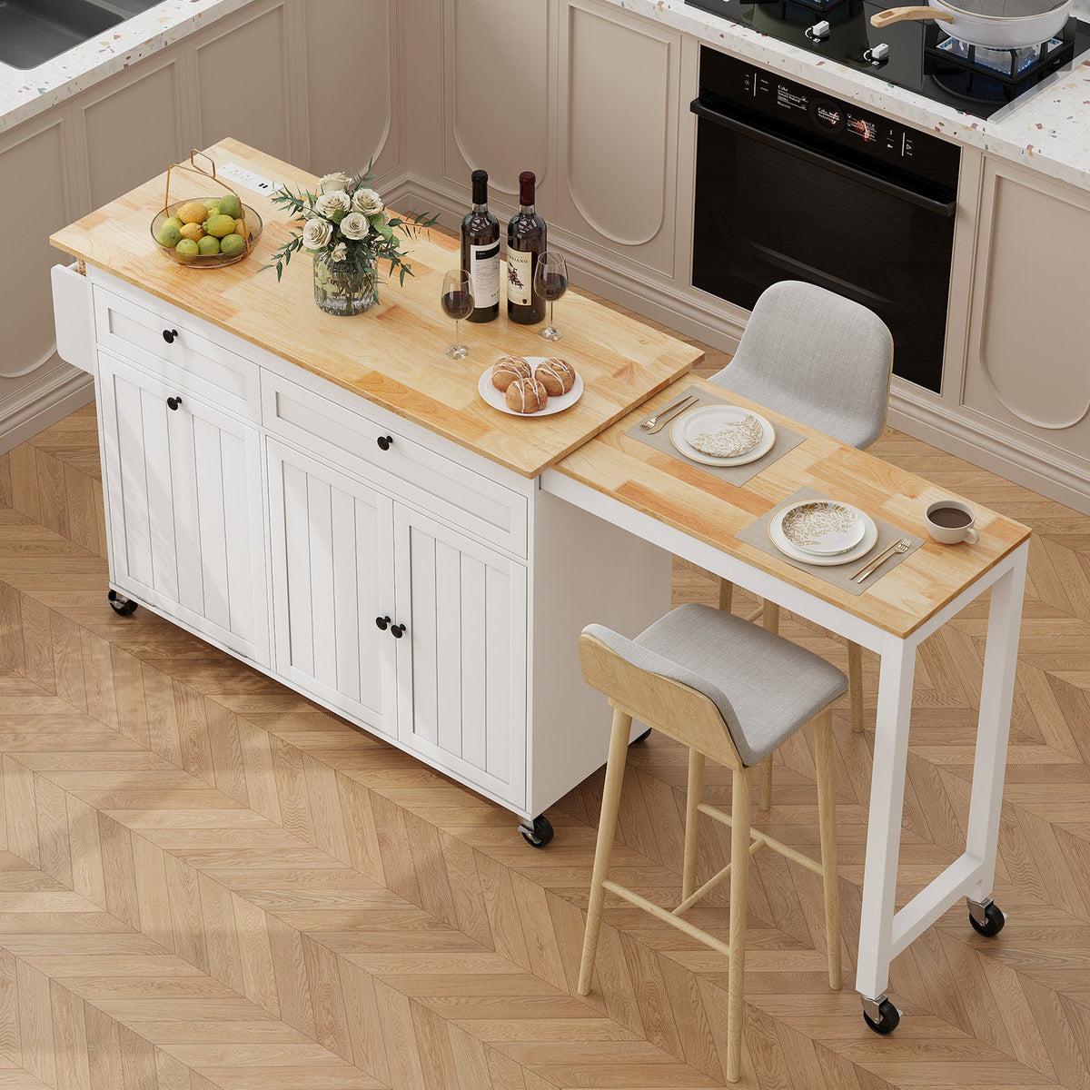 Haven 81.6" Kitchen Island - Extendable Wood Table with Power Outlets