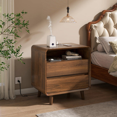 Angela - Walnut Mid-Century Nightstand with 2 Drawers & Shelf