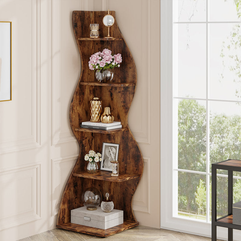 Arhab - 5-Tier Corner Bookcase Wood Shelving for Small Spaces