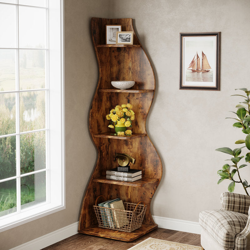 Arhab - 5-Tier Corner Bookcase Wood Shelving for Small Spaces