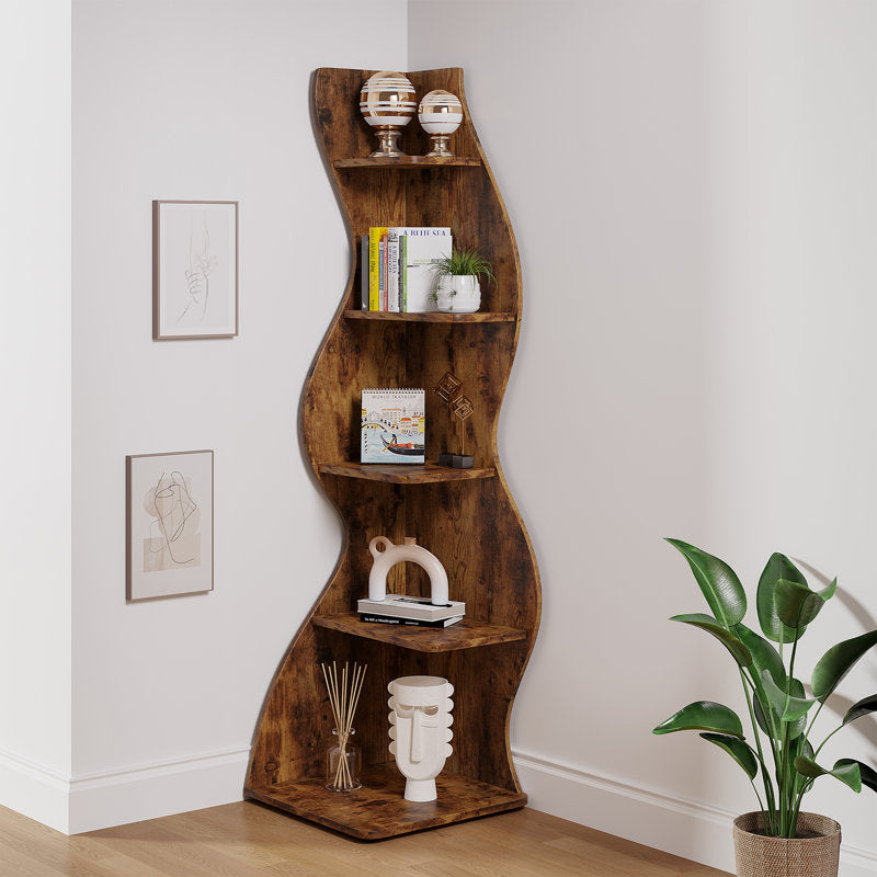 Arhab - 5-Tier Corner Bookcase Wood Shelving for Small Spaces