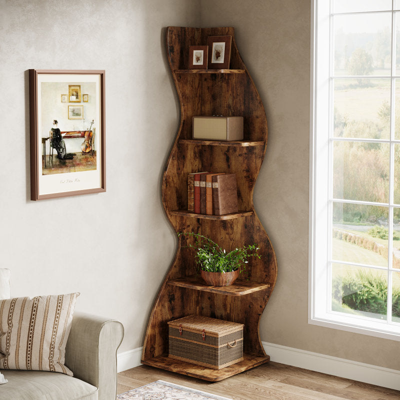 Arhab - 5-Tier Corner Bookcase Wood Shelving for Small Spaces