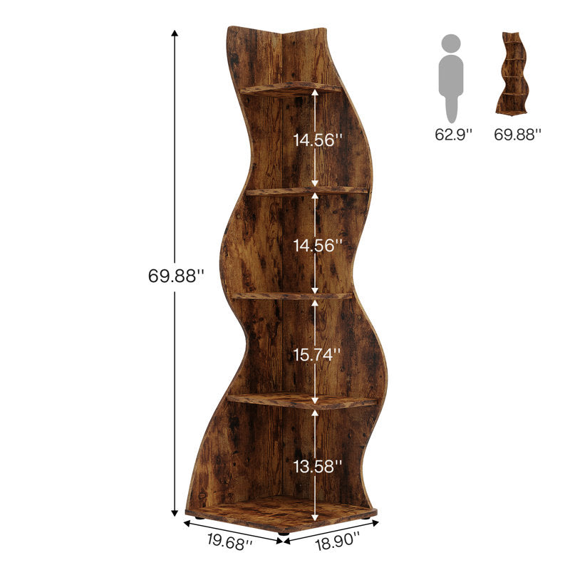Arhab - 5-Tier Corner Bookcase Wood Shelving for Small Spaces