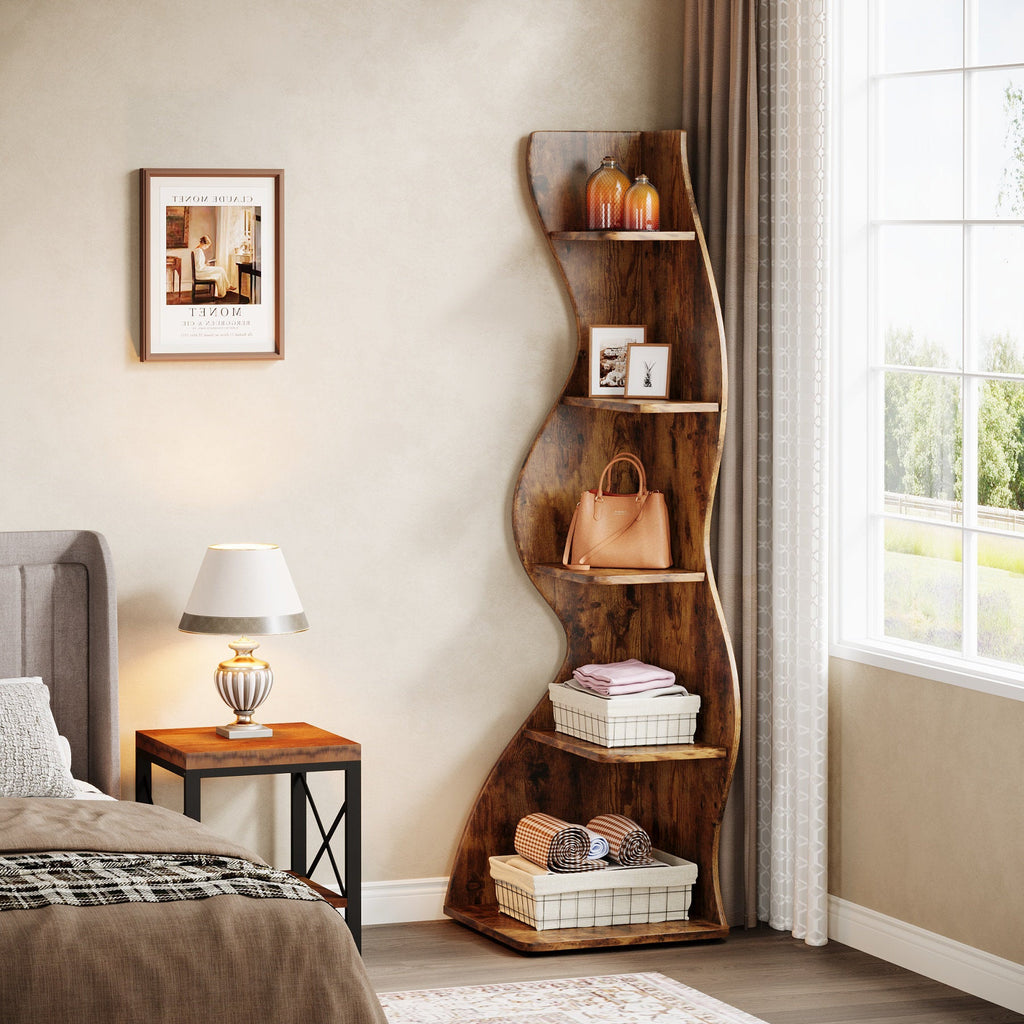 Arhab - 5-Tier Corner Bookcase Wood Shelving for Small Spaces