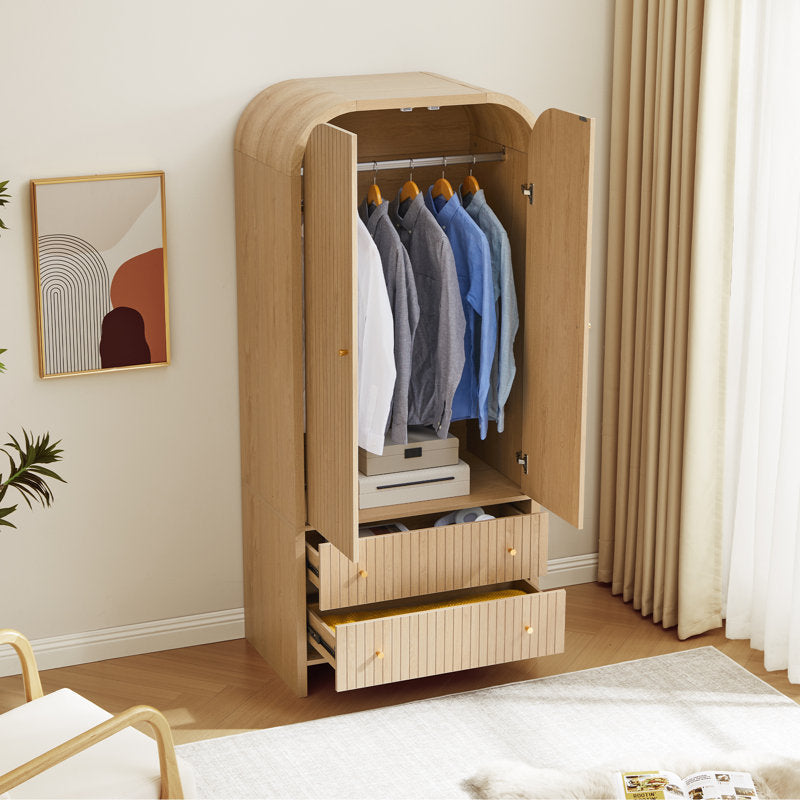 Everest Natural Wood Armoire - 2-Door Wardrobe Cabinet with Drawers