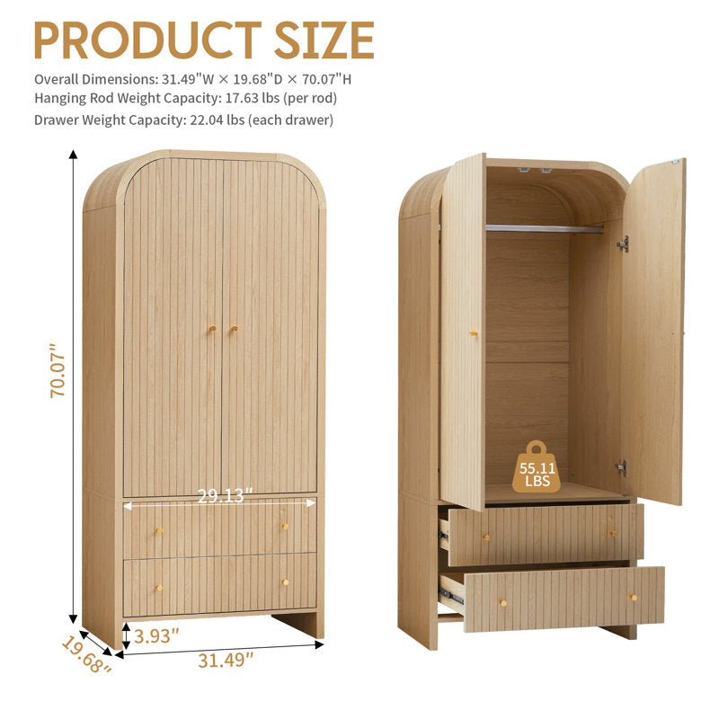 Everest Natural Wood Armoire - 2-Door Wardrobe Cabinet with Drawers