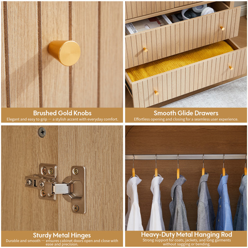 Everest Natural Wood Armoire - 2-Door Wardrobe Cabinet with Drawers