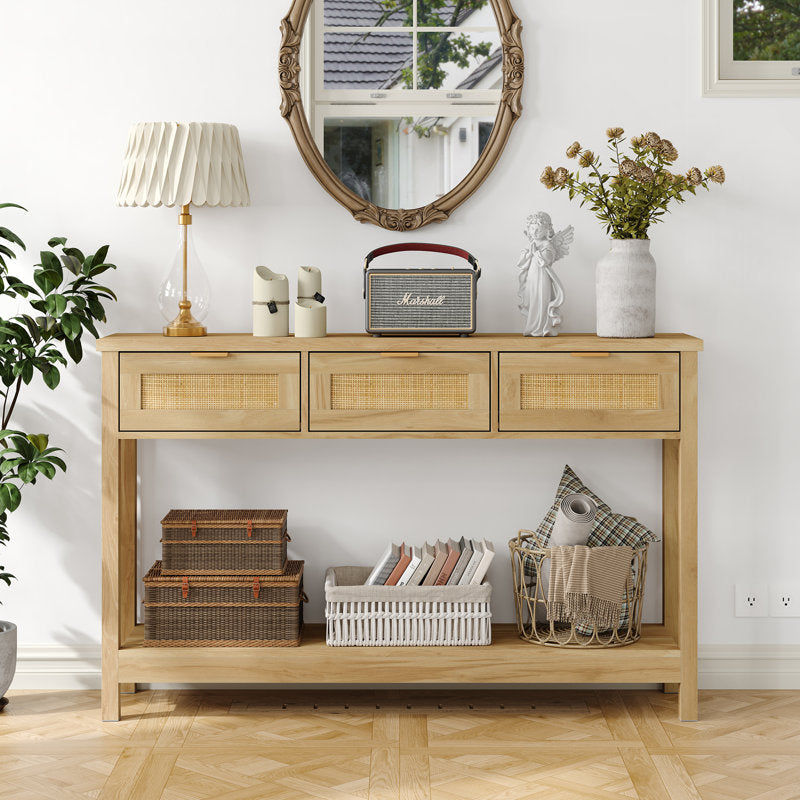 Ayjah - 51.2" Rattan Console Table with Charging Station & Drawers
