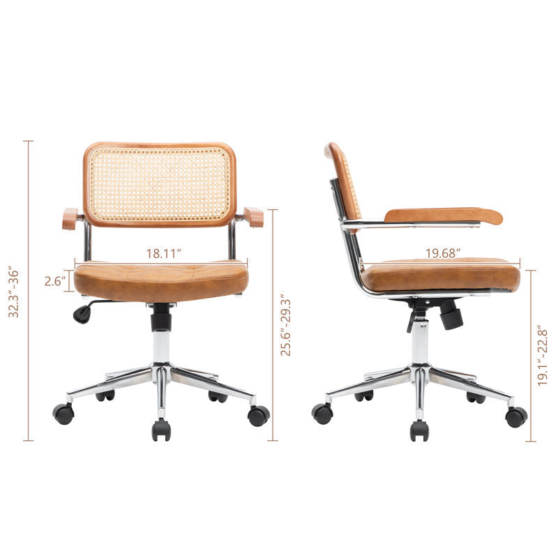 Carli - Rattan & Leather Office Chair Boho Swivel Task Chair