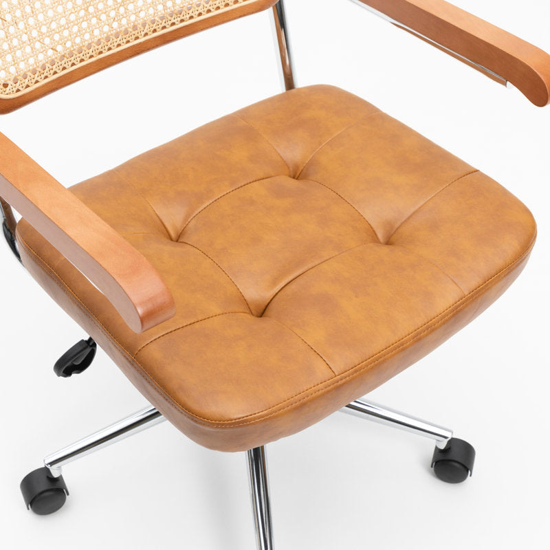 Carli - Rattan & Leather Office Chair Boho Swivel Task Chair