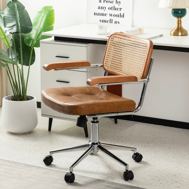 Carli - Rattan & Leather Office Chair Boho Swivel Task Chair
