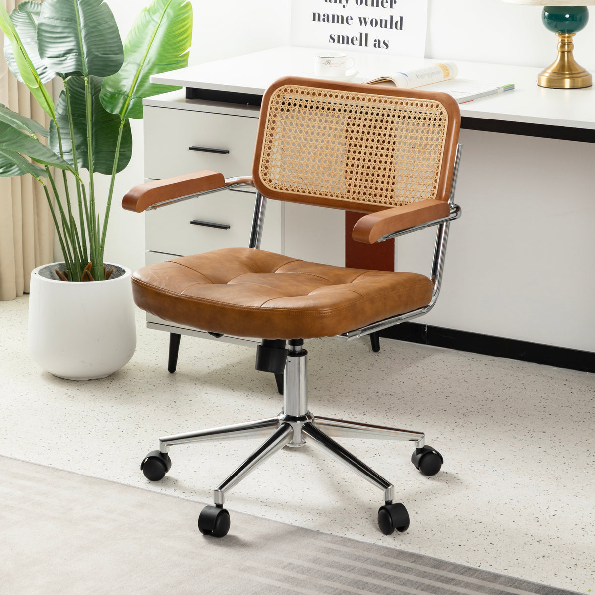 Carli - Rattan & Leather Office Chair Boho Swivel Task Chair