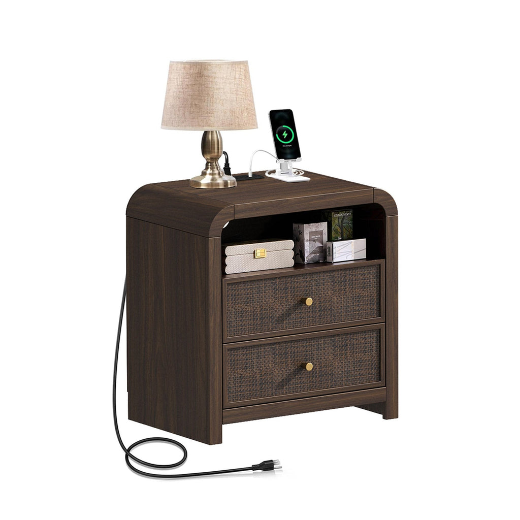 Cevat - Rattan Nightstand Boho End Table with Charging Station