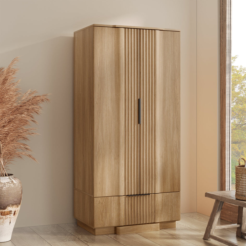 Elara Fluted Armoire - Modern Wood Wardrobe for Bedroom Storage