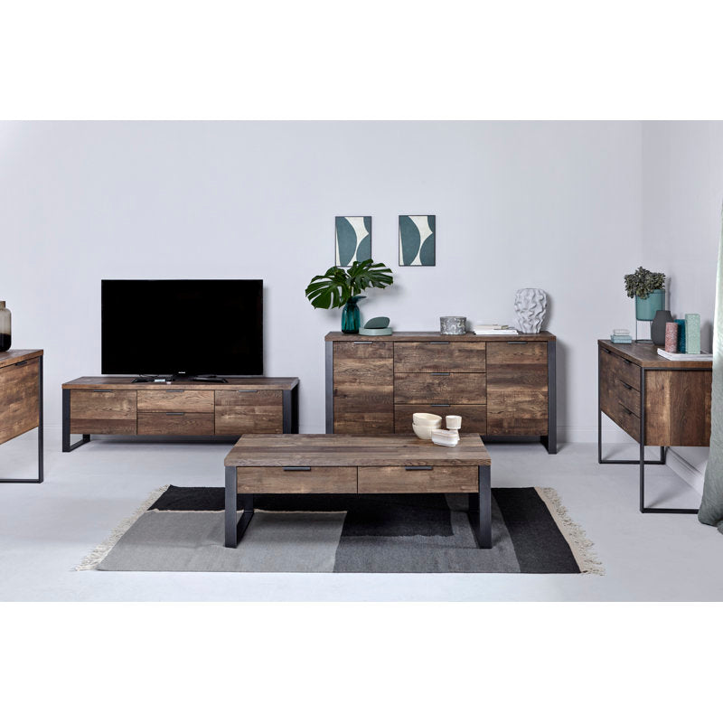Draylen - 2-Drawer Coffee Table Industrial Wood & Metal Living Room