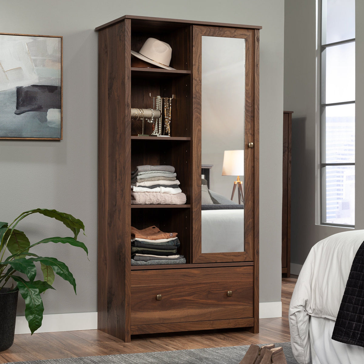 Fravel Wardrobe Armoire - Grand Walnut Wood Storage Cabinet with Mirror
