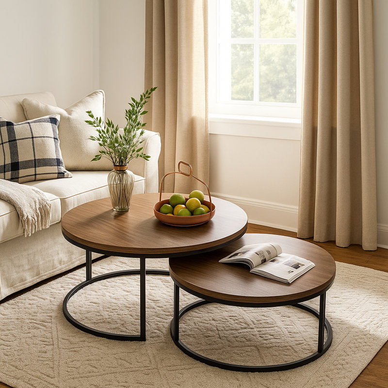 Lansdowne - Round Nesting Coffee Table Set Industrial Wood Top