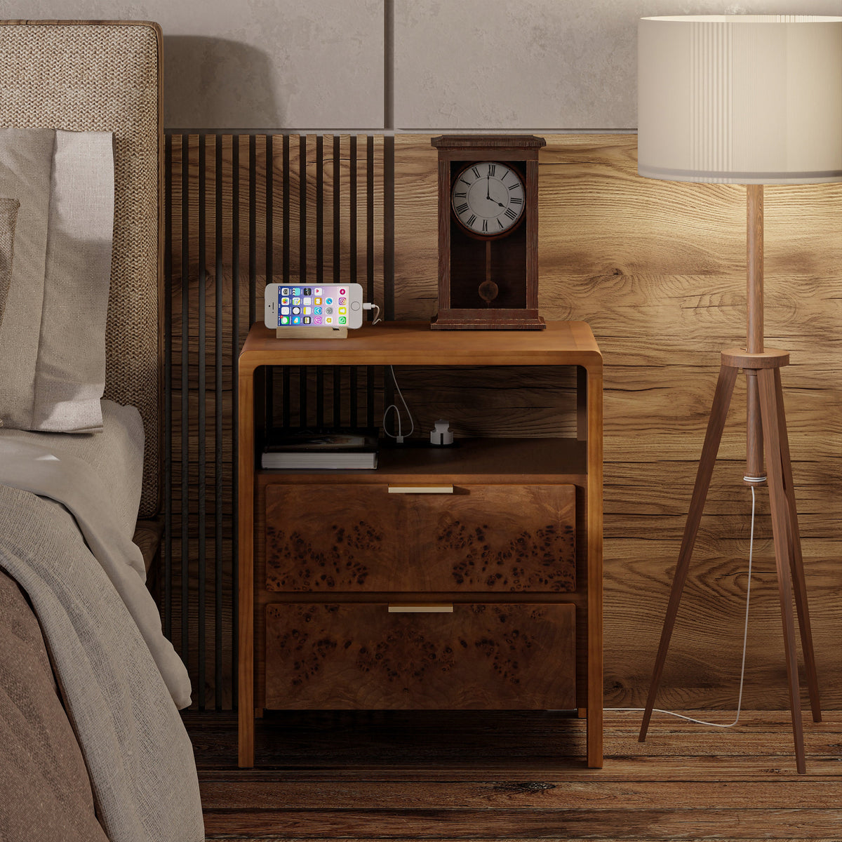 Manish - 2-Drawer Farmhouse Nightstand with USB Charging Station