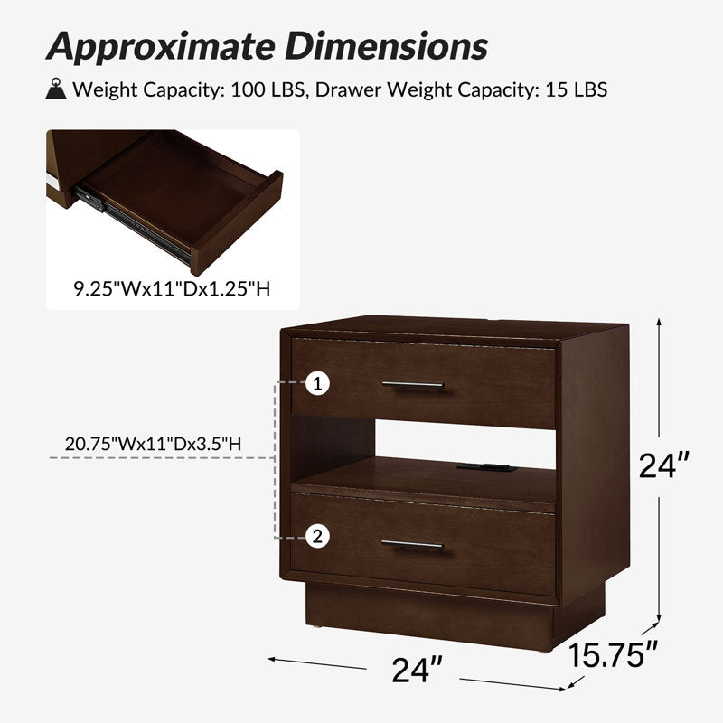 Nance - Mid-Century Modern Walnut Nightstand with Charging Station