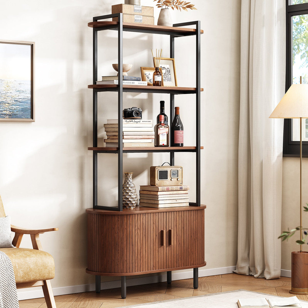 Nataysha - 4-Tier Bookcase Wood & Metal Industrial Storage