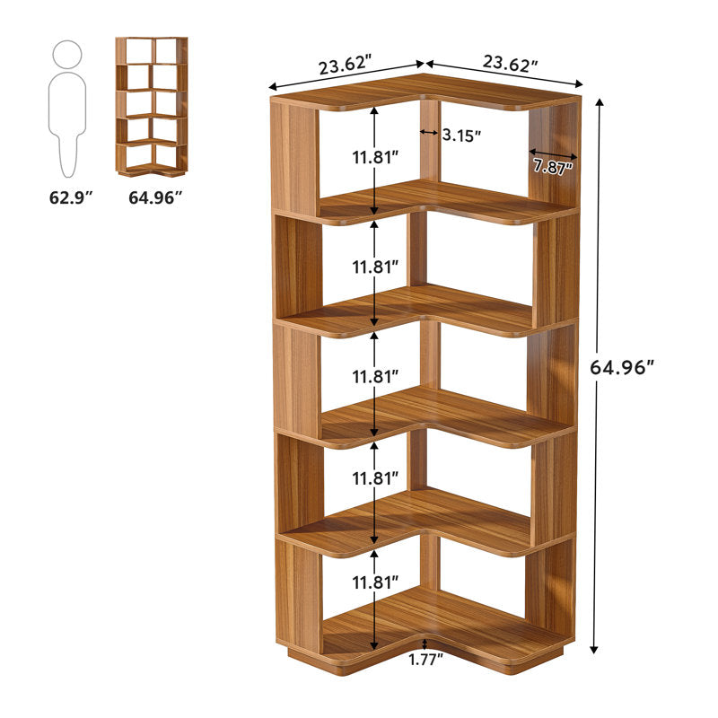 Nyajiah - 6-Tier Corner Bookcase Industrial Wood Grain Storage Shelf