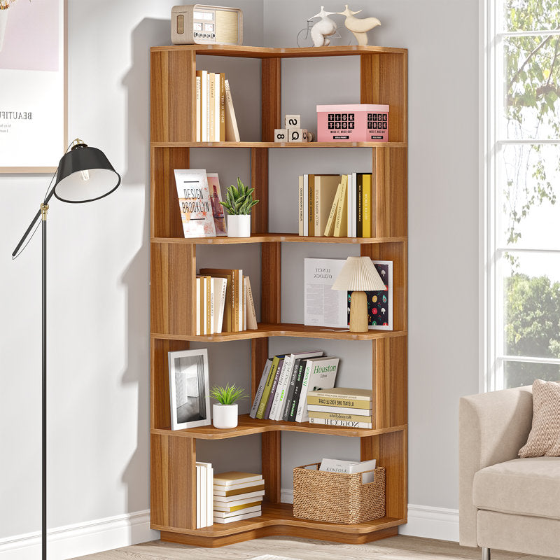 Nyajiah - 6-Tier Corner Bookcase Industrial Wood Grain Storage Shelf