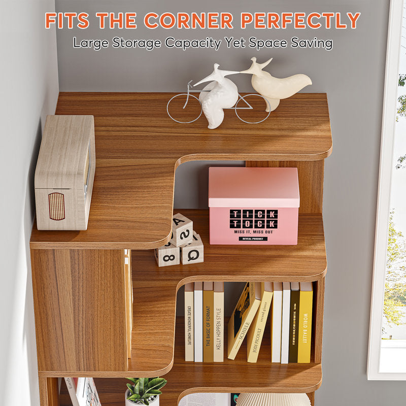 Nyajiah - 6-Tier Corner Bookcase Industrial Wood Grain Storage Shelf
