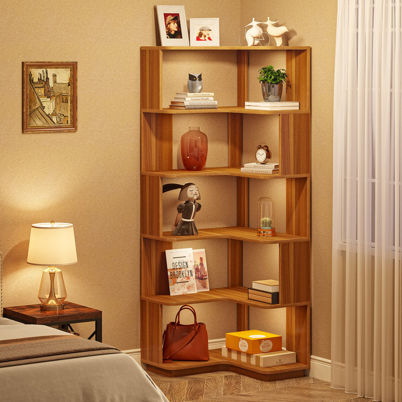 Nyajiah - 6-Tier Corner Bookcase Industrial Wood Grain Storage Shelf
