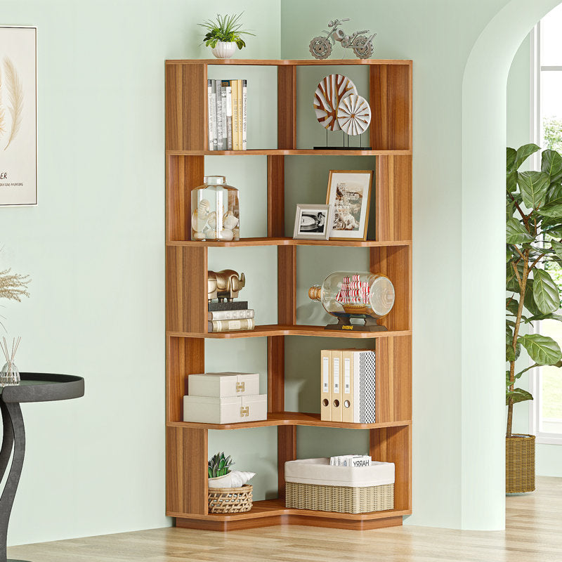 Nyajiah - 6-Tier Corner Bookcase Industrial Wood Grain Storage Shelf