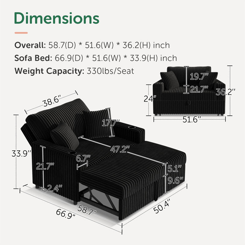 Haven - Pull-Out Sofa Bed with Chaise Lounge Black Corduroy Fabric