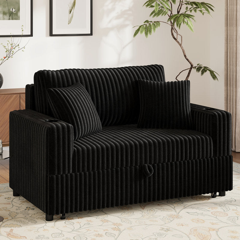 Haven - Pull-Out Sofa Bed with Chaise Lounge Black Corduroy Fabric