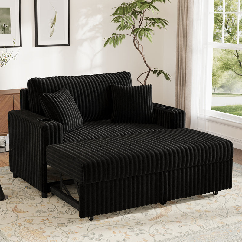 Haven - Pull-Out Sofa Bed with Chaise Lounge Black Corduroy Fabric