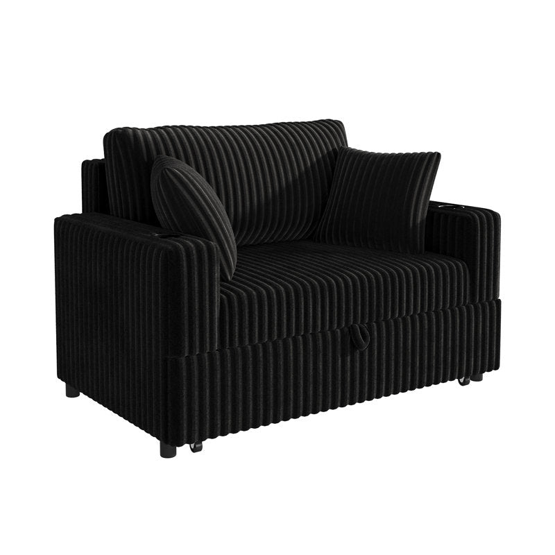 Haven - Pull-Out Sofa Bed with Chaise Lounge Black Corduroy Fabric