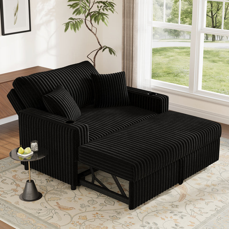 Haven - Pull-Out Sofa Bed with Chaise Lounge Black Corduroy Fabric