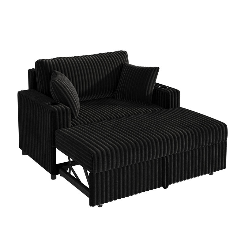 Haven - Pull-Out Sofa Bed with Chaise Lounge Black Corduroy Fabric