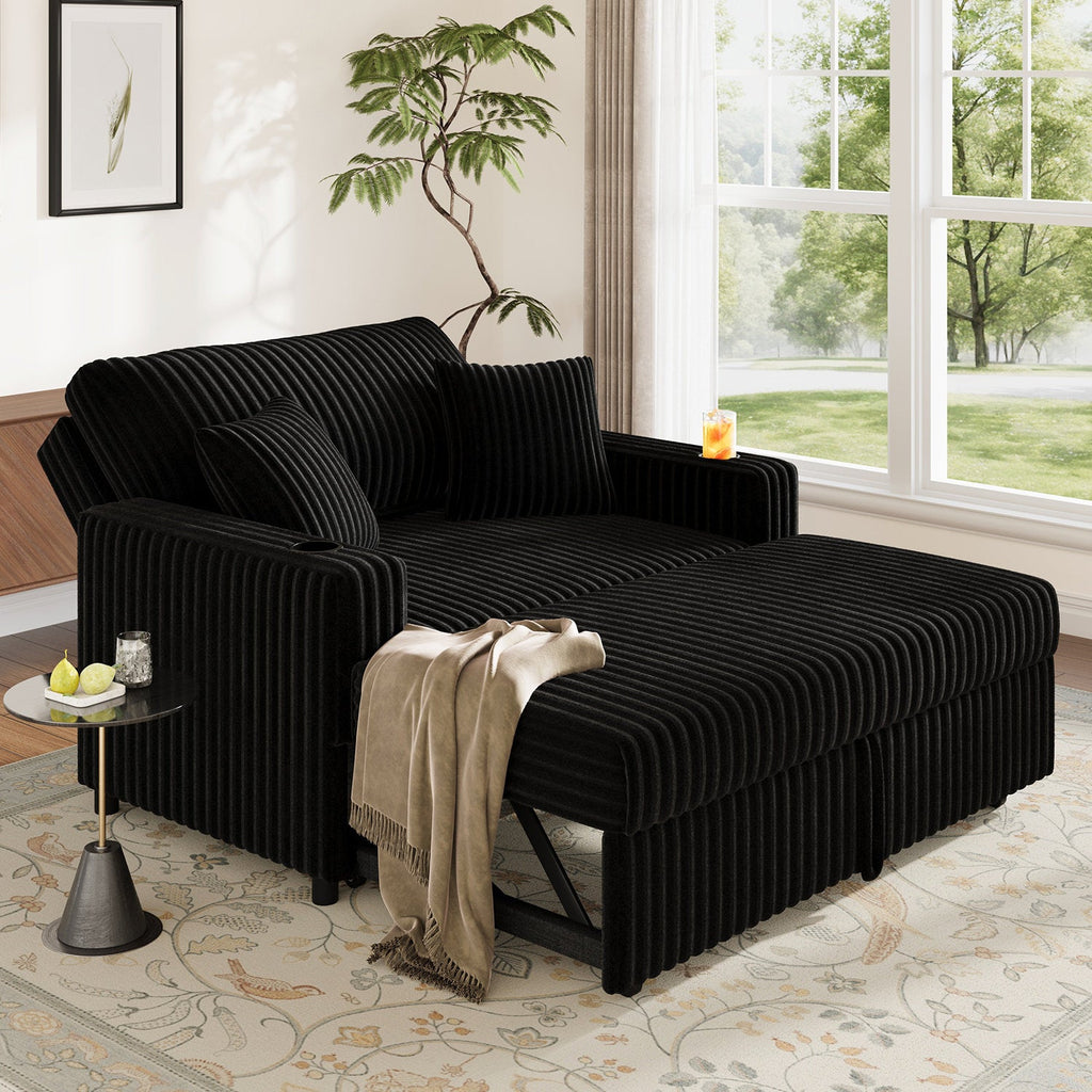 Haven - Pull-Out Sofa Bed with Chaise Lounge Black Corduroy Fabric