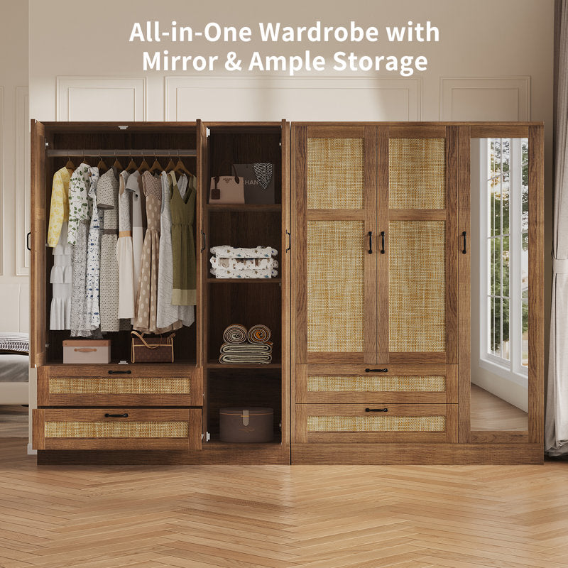 Aurelia - 3-Door Rattan Armoire Wardrobe with Full Length Mirror