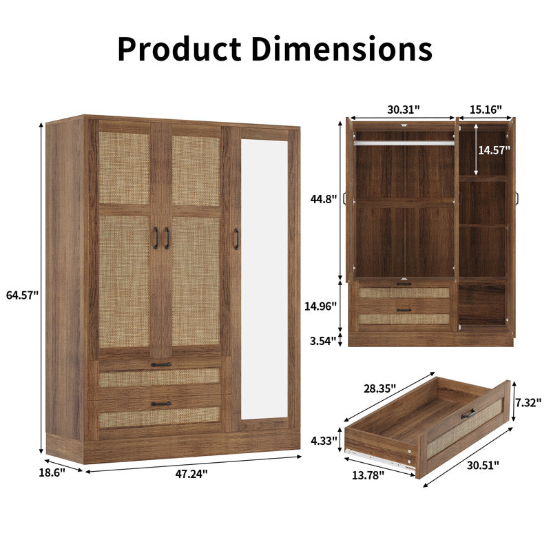 Aurelia - 3-Door Rattan Armoire Wardrobe with Full Length Mirror