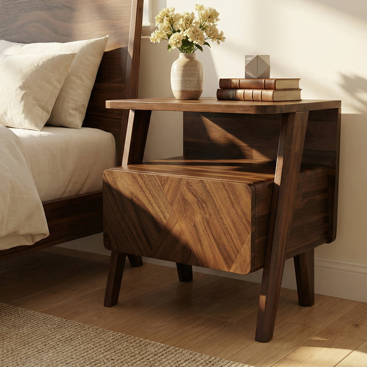 Artisan Acacia - Mid-Century Solid Wood Nightstand Bedside Table