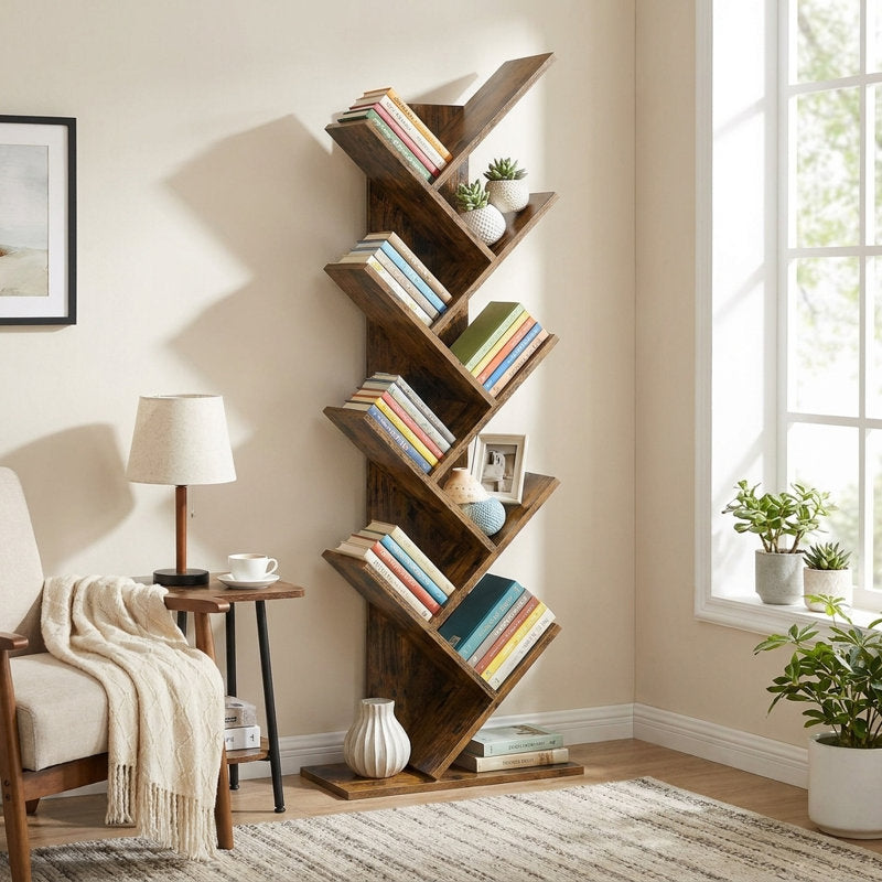 Trivette - Tree Bookcase Geometric Wood Shelves for Living Room