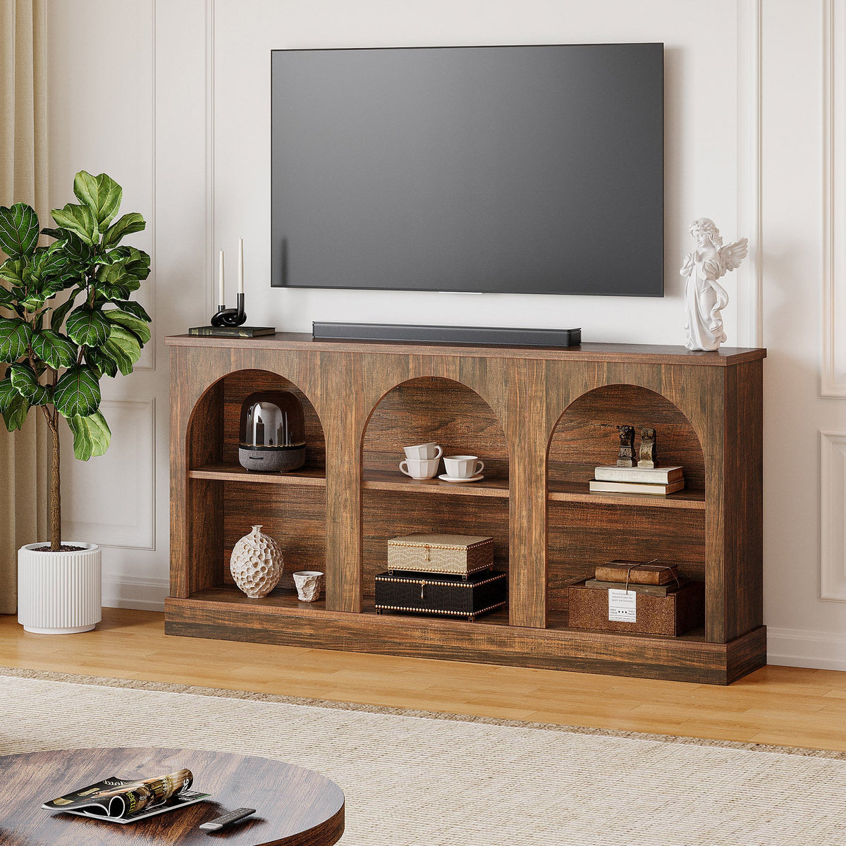 Arched Horizon - 65 Inch TV Stand Rustic Wood Media Console