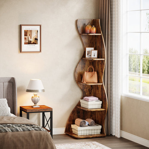 Arhab - 5-Tier Corner Bookcase Wood Shelving for Small Spaces